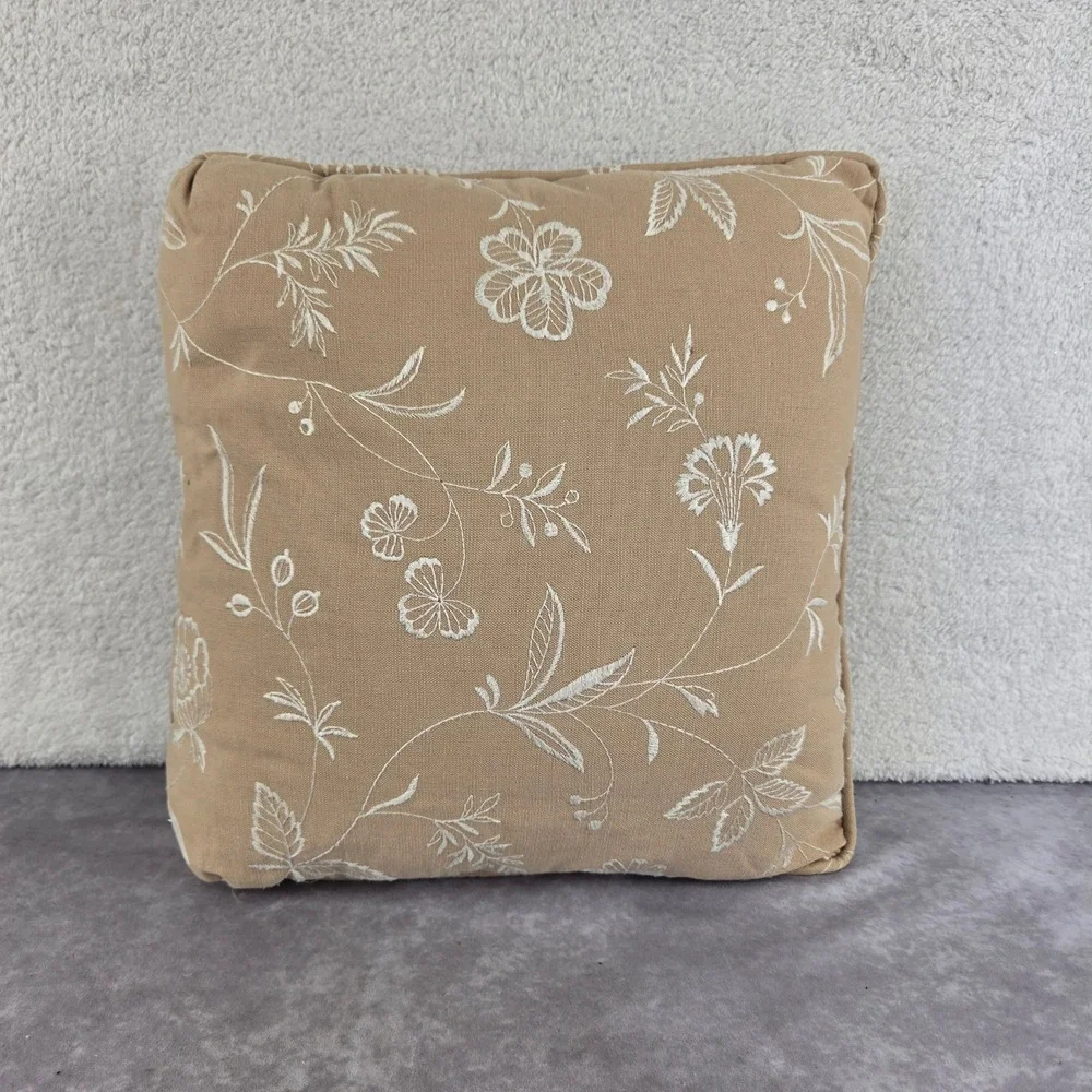 Floral Embroidered Square Throw Pillow Tan White Botanical Decorative Accent 14